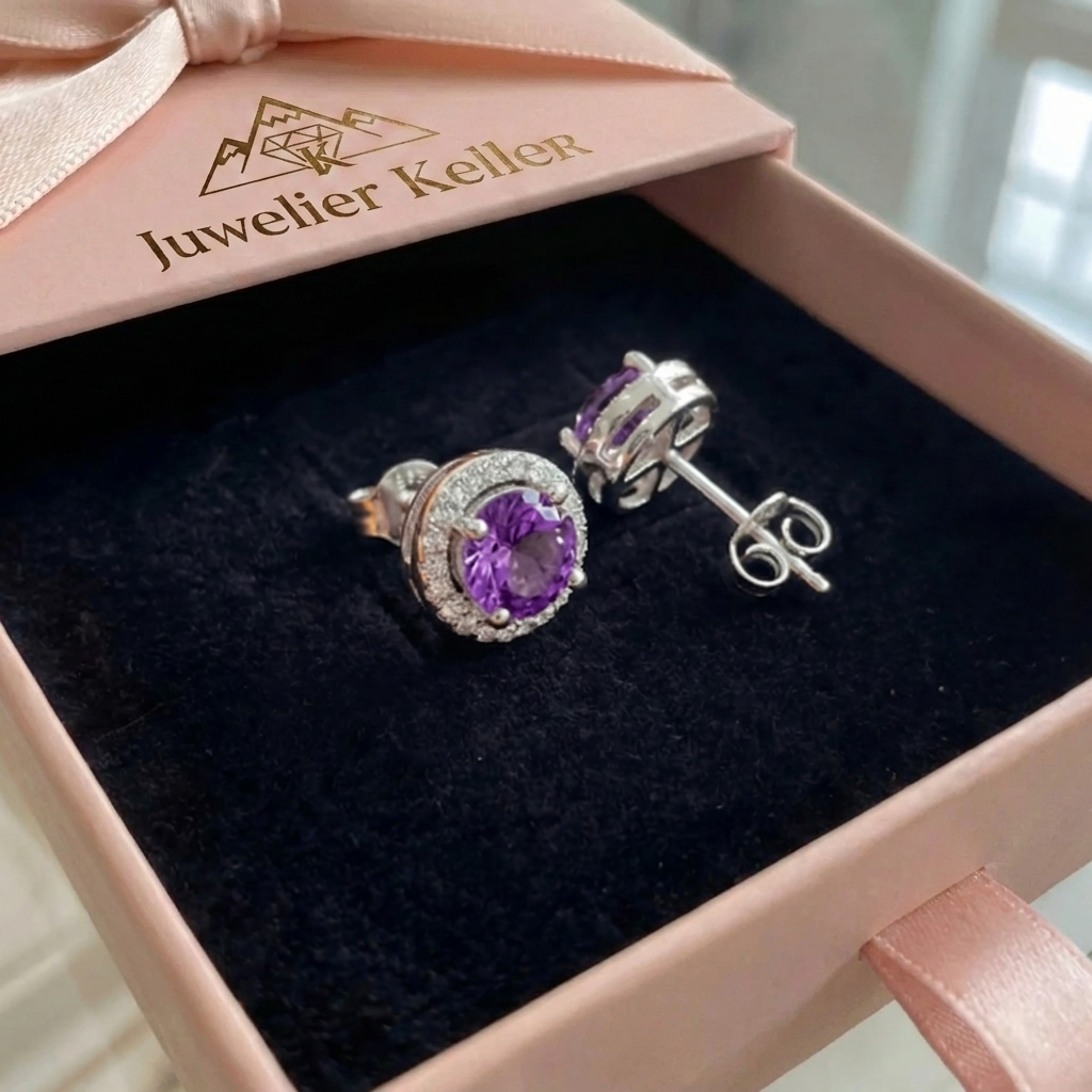 Amethyst Runde Pavé Ohrringe | Weissgold