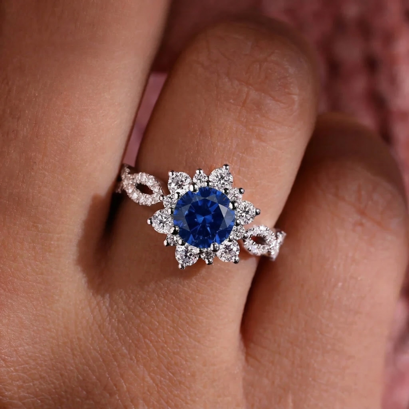 Kristall-Saphir-Blumenring | Weissgold