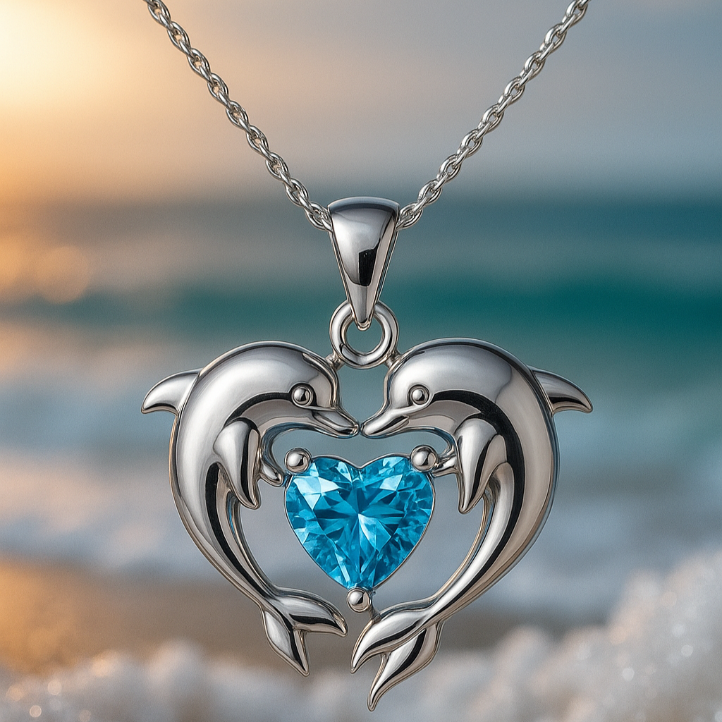 Doppeltes Silberne Halskette mit Delfinen der Liebe