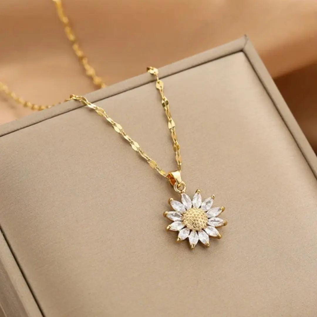 Halskette mit Sonnenblume aus Kristall in Gold