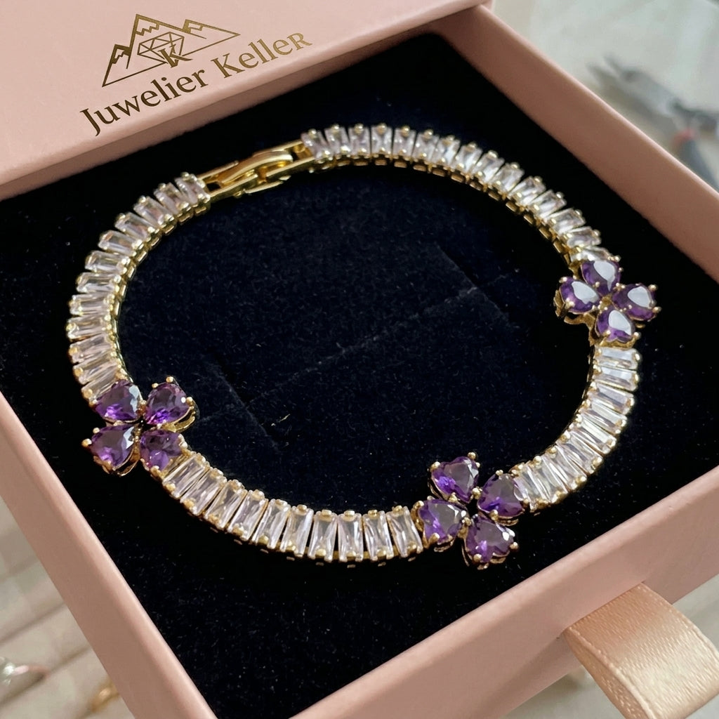 Herzarmband mit Amethyst und Kleeblatt | Gold – Lila