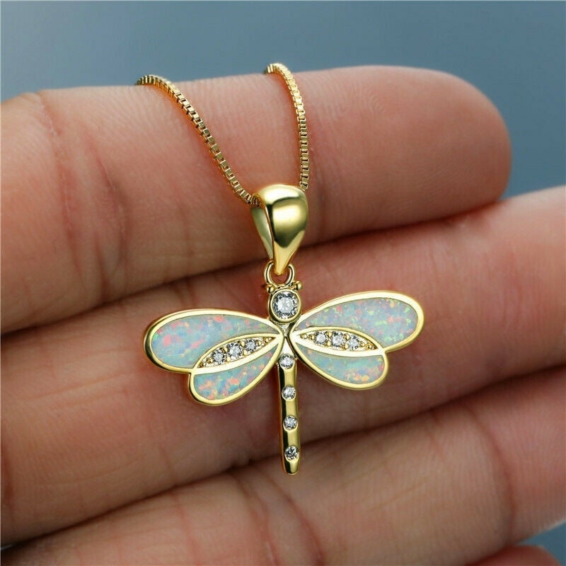 Libellen-Halskette in Gold mit Opal