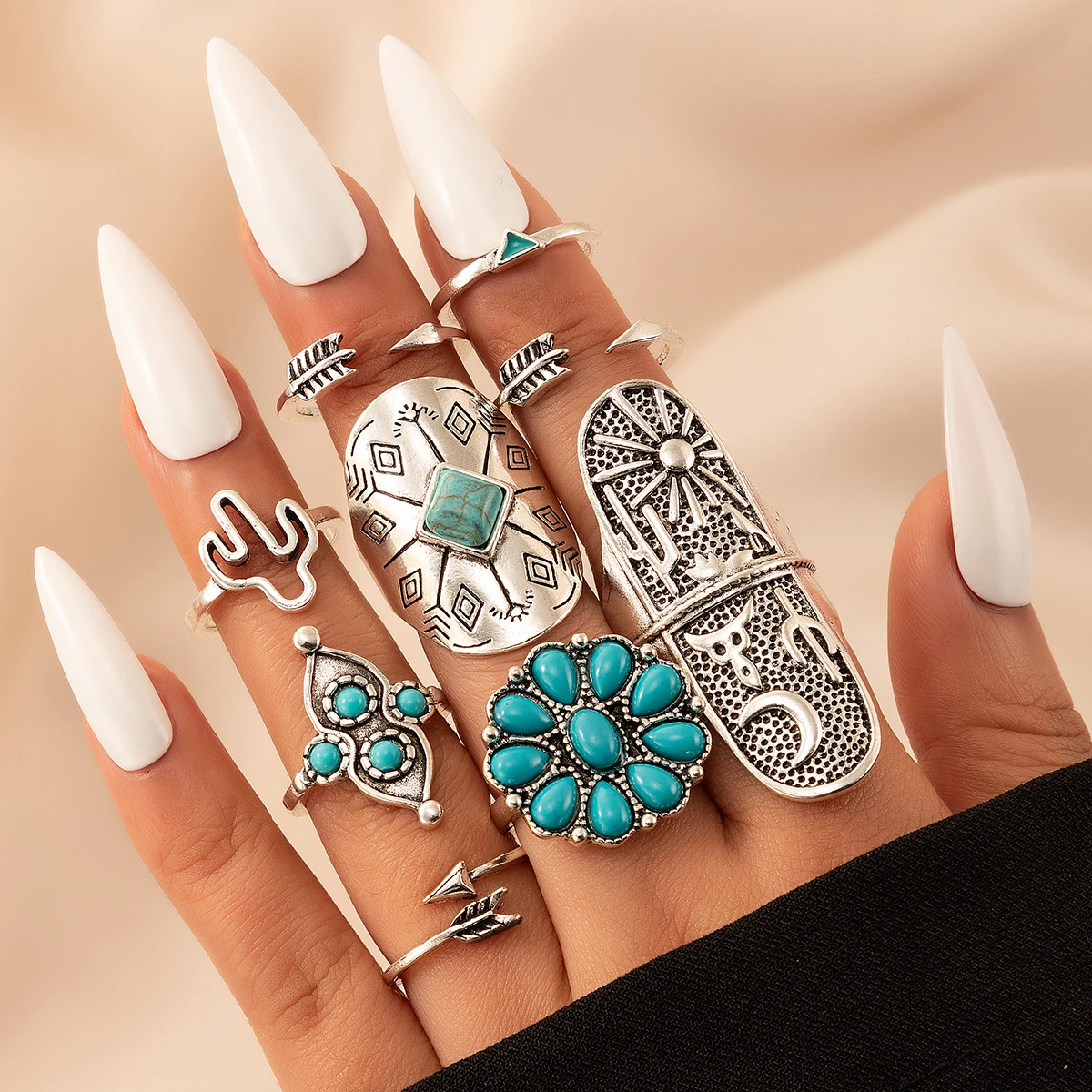 Retro-Ring-Set aus Silber und Türkis
