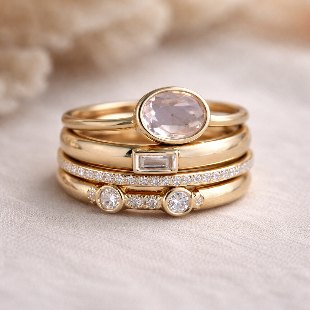 Retro-Ring-Set in Gold mit Zirkon