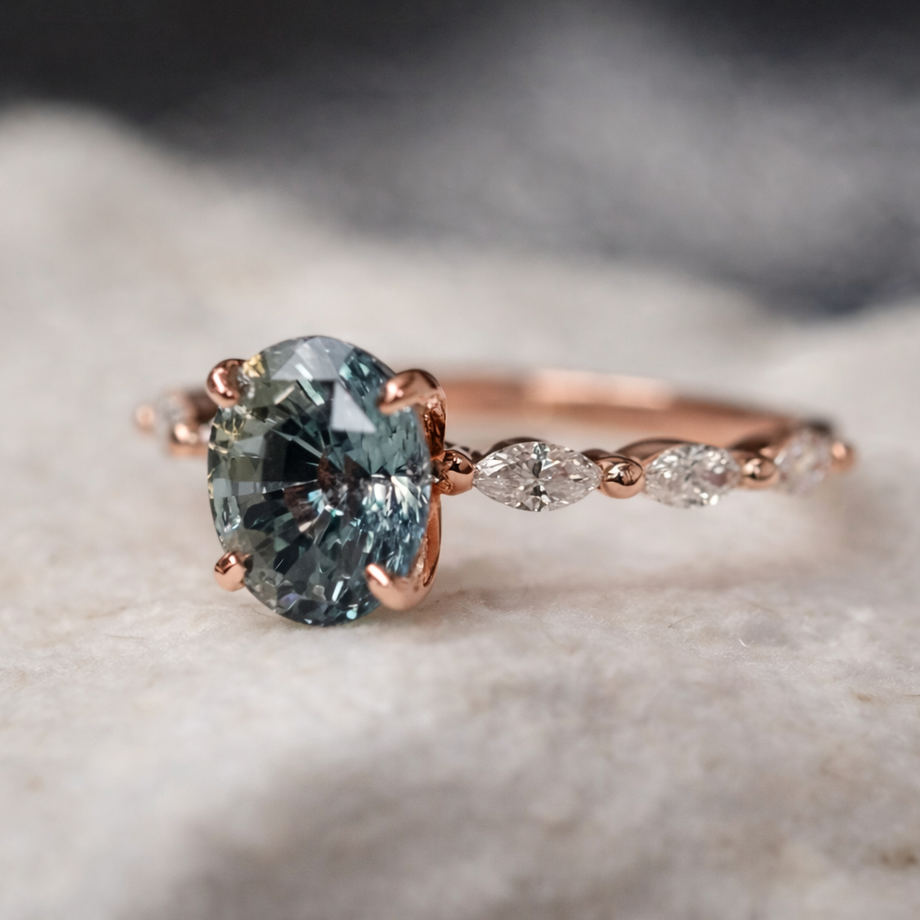 Retro-Ring aus Roségold mit Saphir