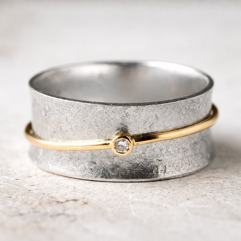 Retro Ring aus Silber mit Zirkon und Goldfaden