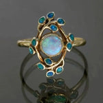 Retro blaues Ring mit Kristallen und Opal