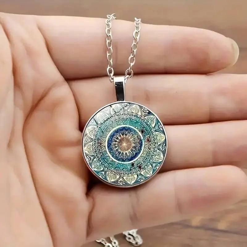 Retro runde Halskette mit blauen Mandalas