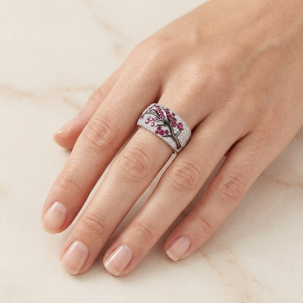 Ring mit Rubin und Blumen | Weissgold