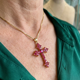 Rosa Cluster-Kreuz-Halskette | Weissgold