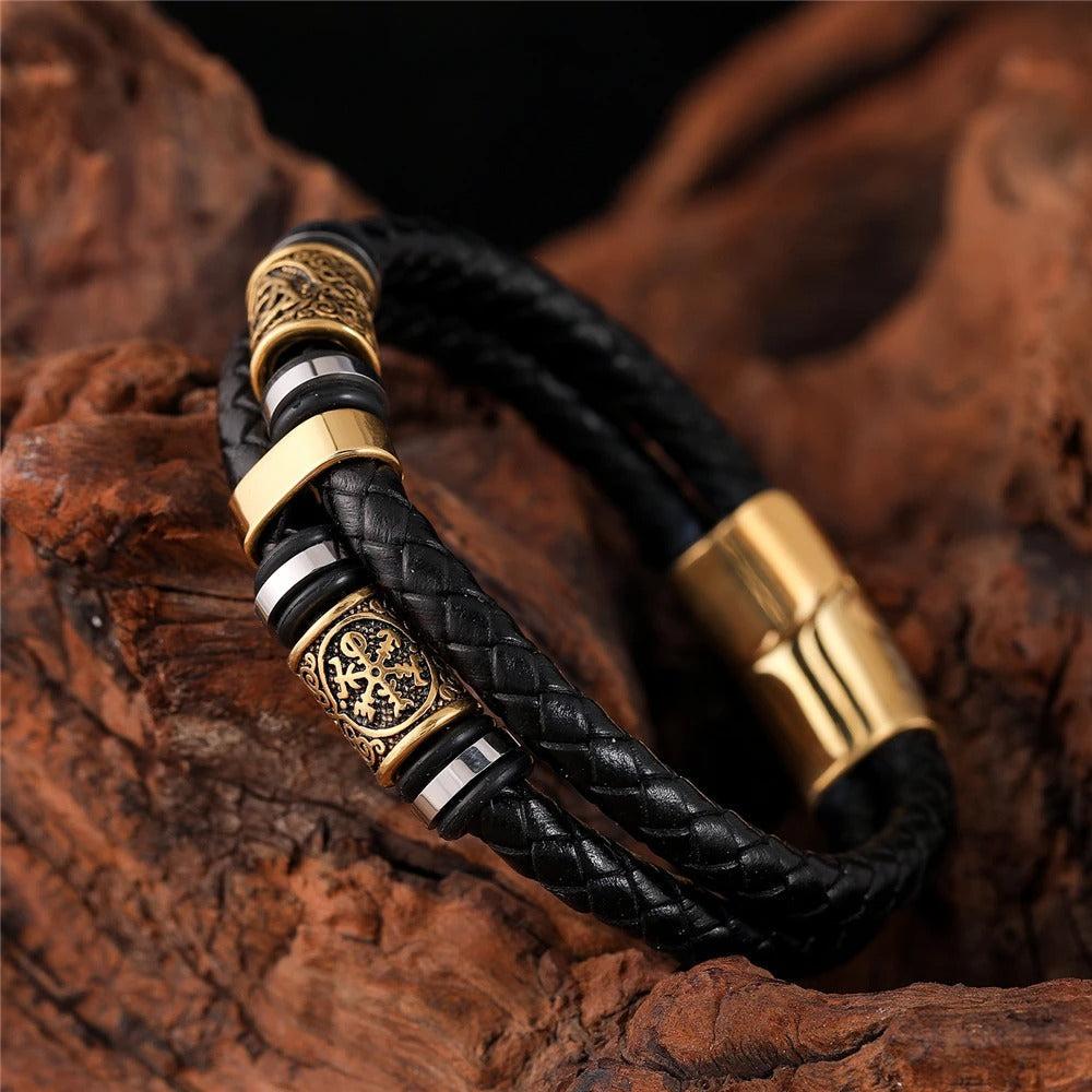 Schwarzes Lederarmband Geflochten mit Goldanhänger