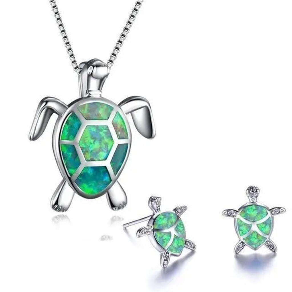 Set: Halskette und Ohrringe mit Meeresschildkröte in Opal und Silber – Grün