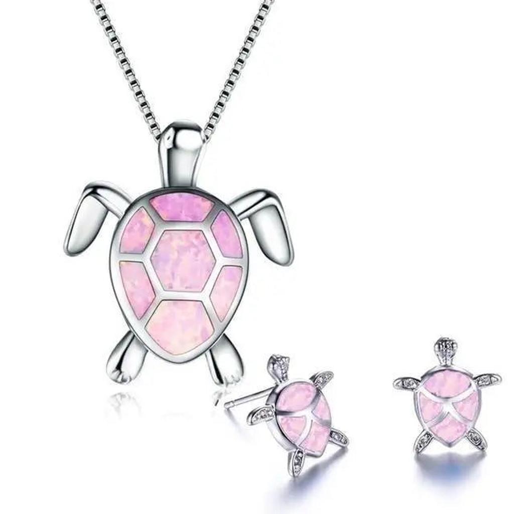 Set: Halskette und Ohrringe mit Meeresschildkröte in Opal und Silber – Rosa
