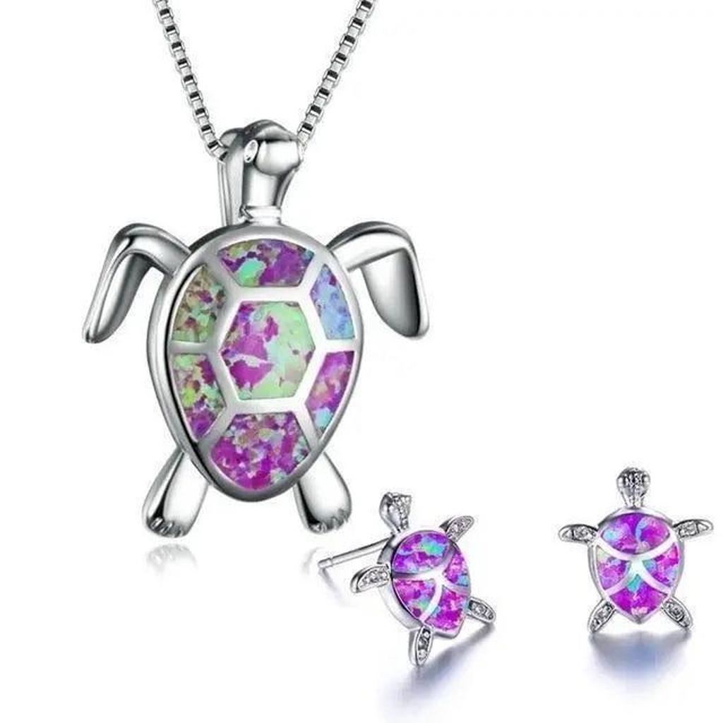 Set: Halskette und Ohrringe mit Meeresschildkröte in Opal und Silber – Lila