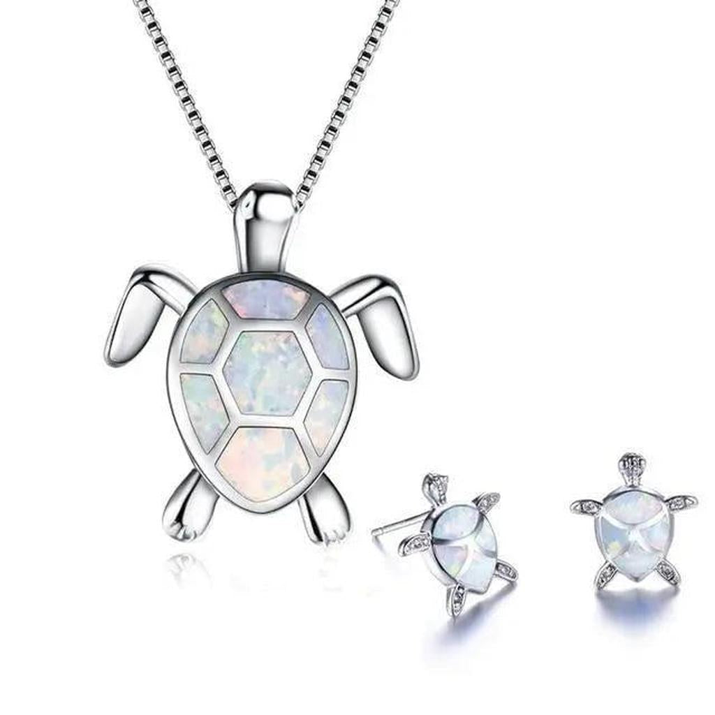 Set: Halskette und Ohrringe mit Meeresschildkröte in Opal und Silber – Weiss