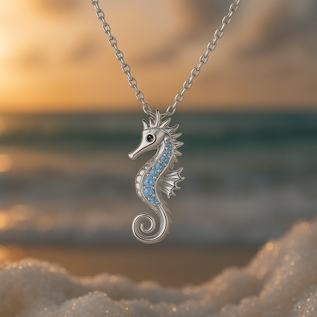 Silberne Halskette mit Seepferdchen und Opal
