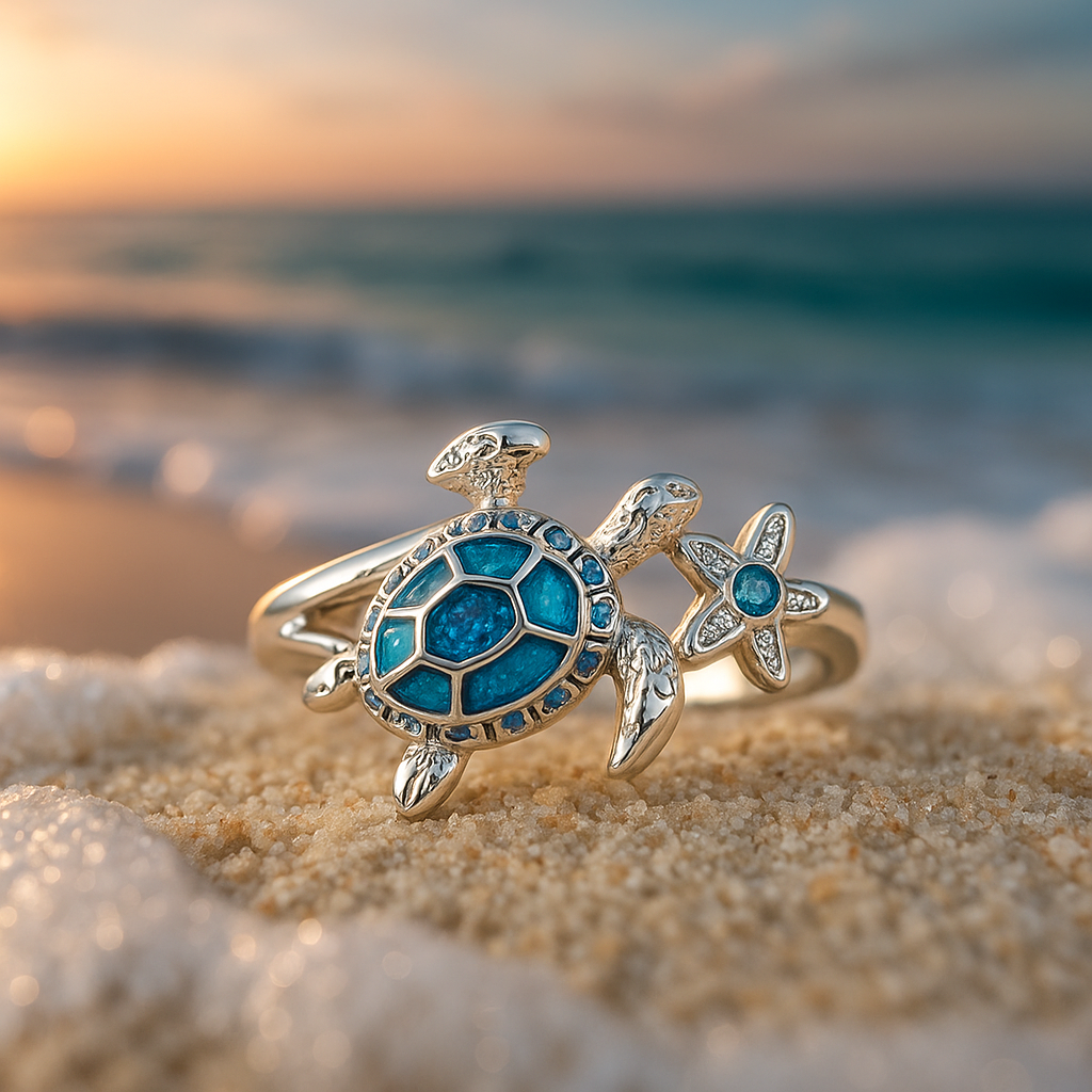 Silberring mit Schildkröte und blauem Opal