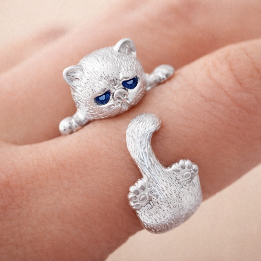 Verstellbarer Ring aus 925er Silber mit Kätzchen
