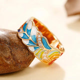 Vintage Goldring mit buntem Emailleblatt
