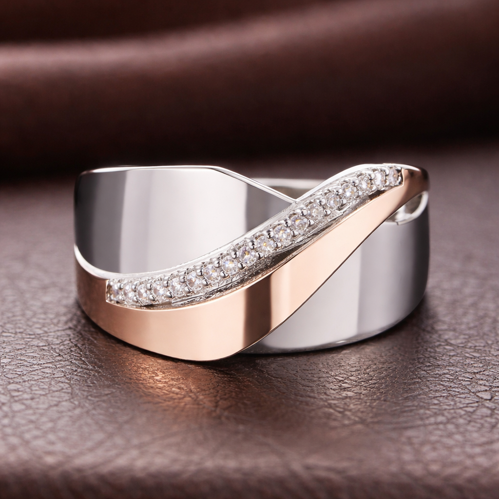 Vintage-Ring aus Roségold und Silber mit Zirkonia