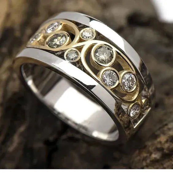 Vintage Ring in Gold und Silber mit Zirkonia in Form von Efeu