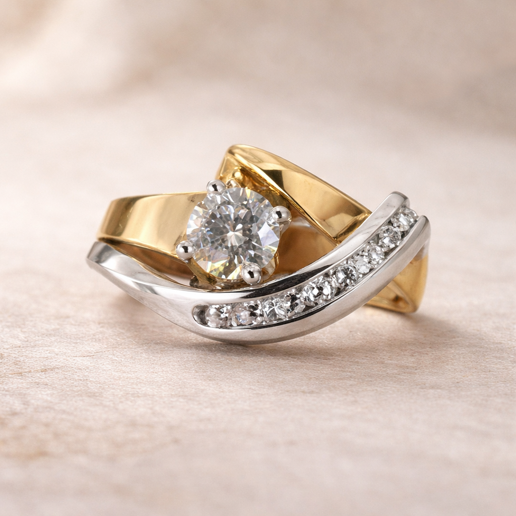 Vintage Unregelmässiger Ring in Gold und Silber mit Zirkonia